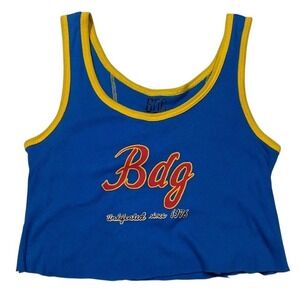 BDG Retro Ribbed Blue Yellow Trim‎ Cropped Tank Top M Graphic Bright Vintage